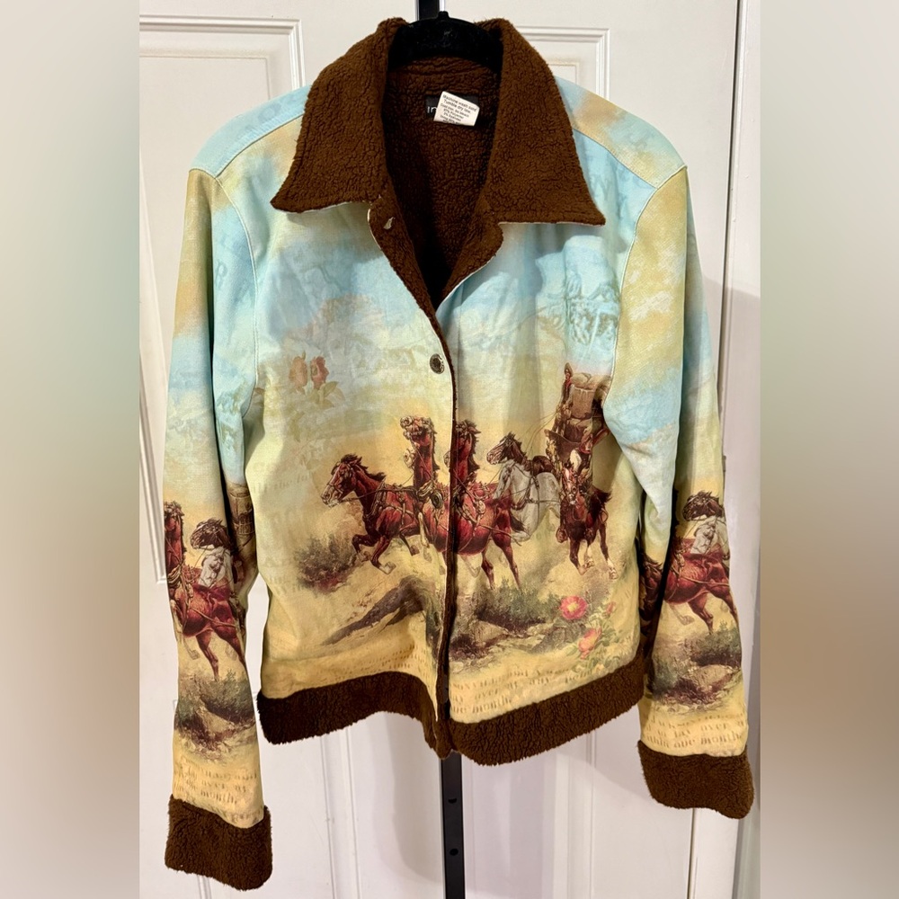 Pulse Brown & Light Blue Scenic Horse Print Sherpa-Lined Jacket